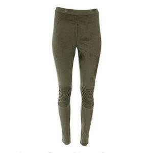 H by Halston faux suede motorcycle leggings made in Europe EUC olive moss color